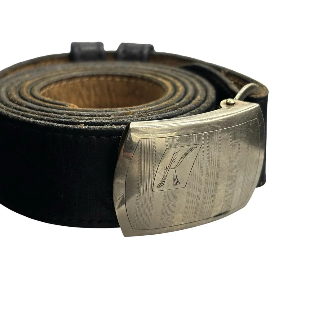 VTG Russia Cowhide Leather Belt 1/20 FPCO‎ Gold Filled Buckle Monogram K Sz 46